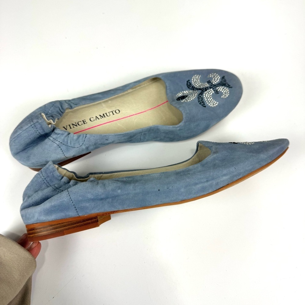 Two By Vince Camuto Women's 8 Blue Suede Ballet Flats Rhinestone Embellishments - Picture 3 of 8